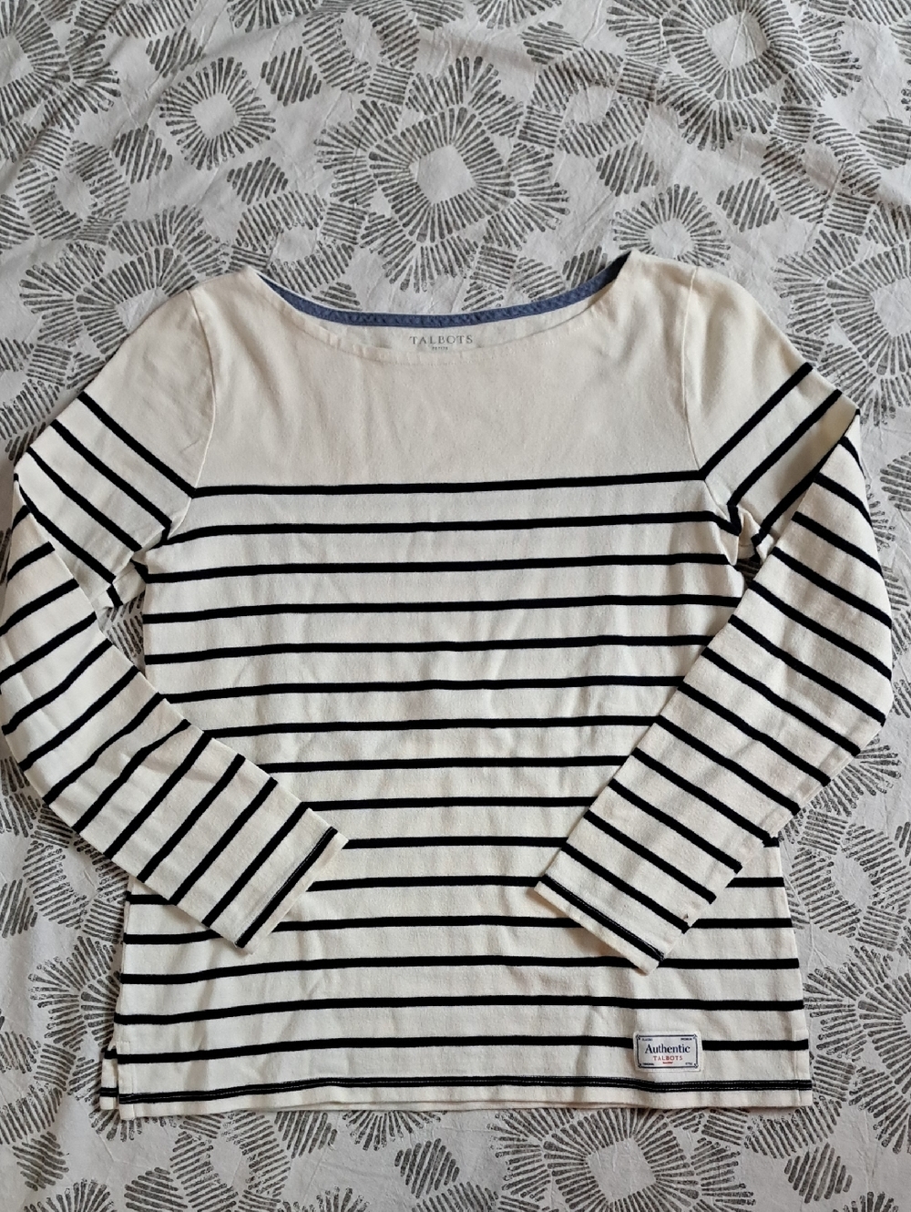 Talbots Ivory and Navy Blue Cotton Striped Boatneck Top